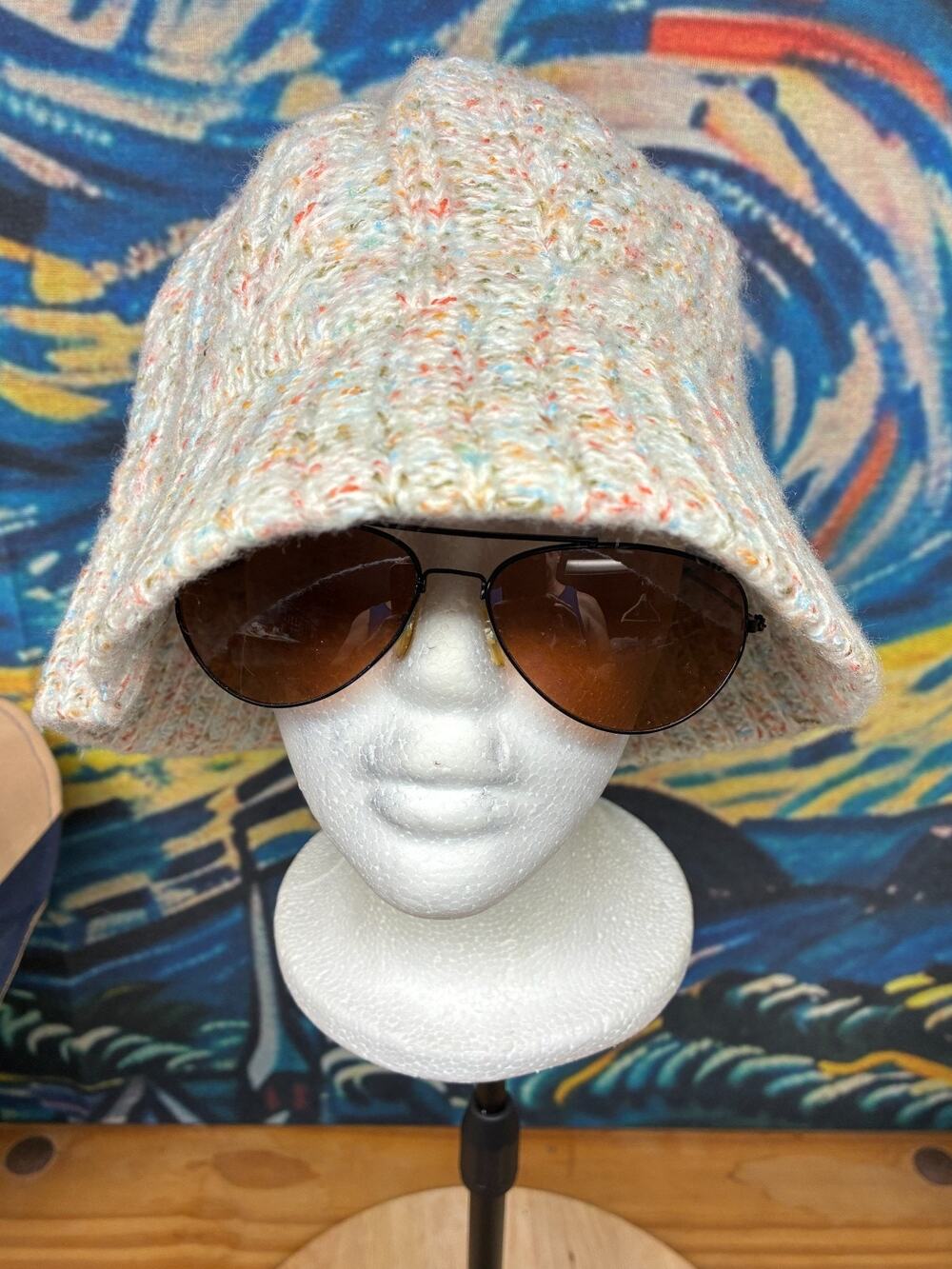 Lands End Knit Bucket Hat L XL Confetti Fleck Fleece Lined Winter Cloche